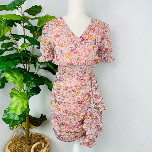 NWT WALTER BAKER FLORAL FITTED SMOCKED WAIST RUFFLE PINK PRIMROSE CHIFFON DRESS - Picture 1 of 8